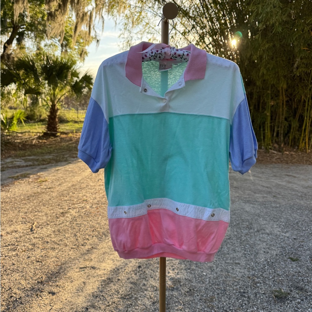 Vintage Bay Club Active Pastel Colorblock Polo Top 80s 90s Retro Tennis Shirt